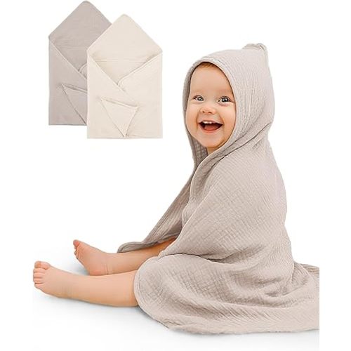 Hooded Baby Towels 2 Pack, Muslin Baby Bath Towels with Hood for Newborn Infant and Toddler, Soft Breathable & Absorbent, 30" x 30" (Beige & Cream, Lightweight)
