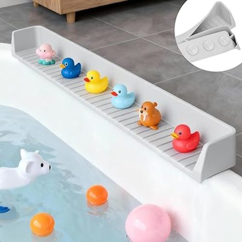 Dreamtop Bathtub Splash Guard for Tub Kids, 2.6FT Play Shelf for Bathing, Toy Tray Caddy Holder for Tub, Grey Silicone Tub Splash Guard Prevent Water Spills in Bathroom