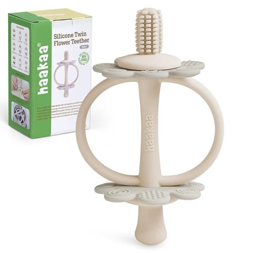 haakaa Silicone Twin Flower Teether,Nipple-Shaped End for Gum Massage,360° Baby Toothbrush Head for Self-Brushing Training,Easy to Grip -Slate Grey