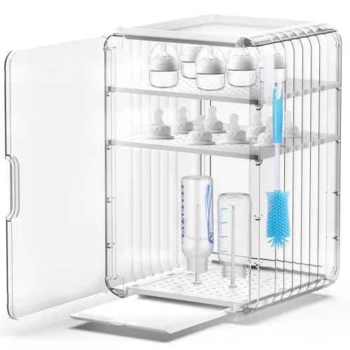XANGNIER Baby Bottle Organizer,Clear Baby Bottle Storage Organizer for Countertop and Cabinet,with Drying Rack and Hook,Space-Saving,Multifunctional Bottle Station Organizers Accessories