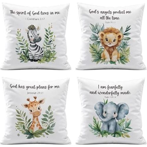 Kids Room Decor,Animal Baby Bible Verse Throw Pillow Covers,Inspirational Christian Pillow Covers for Nursery Playroom Toddler Baby Bedroom Decor,18x18 Inch Pillowcase Set of 4