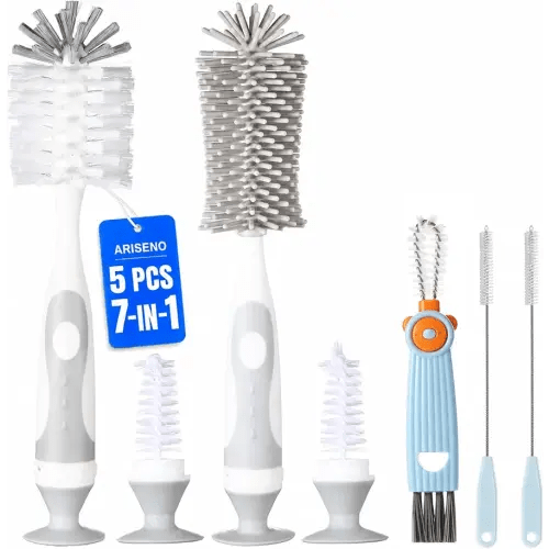 Ariseno 7-in-1 Baby Bottle Cleaner Set, Including Nylon & Silicone Bottle Brush, Cap, Straw & Nipple Brushes, BPA-Free (Gray)