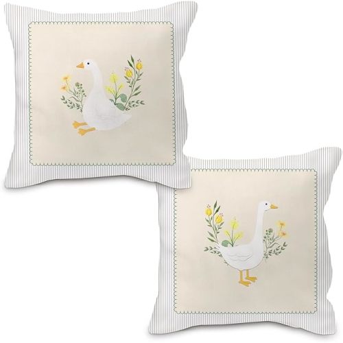 Goose Floral Pillow Covers 18x18, Goose Nursery Decor, Vintage Flower Cute Geese Decorative Throw Pillow Case Covers for Baby Little Girls Room Bedroom, Set of 2