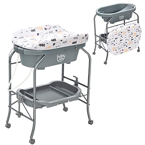 BABY JOY Baby Bathtub with Changing Table, Foldable Infant Diaper Changing Station with Storage Tray, Waterproof Pad, Portable Newborn Nursery Organizer Bath Stand with 4 Universal Wheels (Gray)