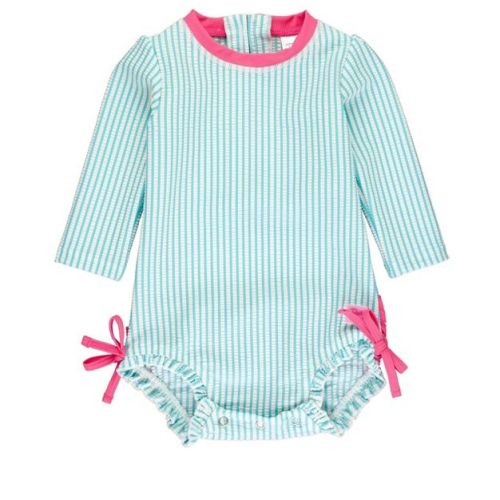 RuffleButts Baby Girls Seersucker Long Sleeve UPF50+ One Piece Rash Guard