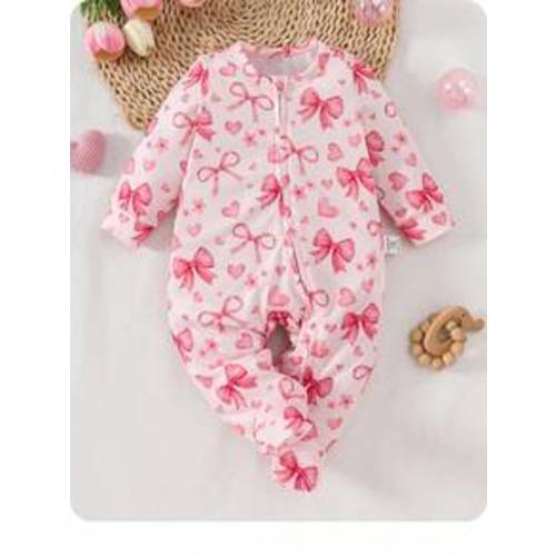 SHEIN Dozemod Kids Newborn Baby Girl Simple Bow Pattern Round Neck Long Sleeve Zip Front Jumpsuit Romper Loungewear | SHEIN USA