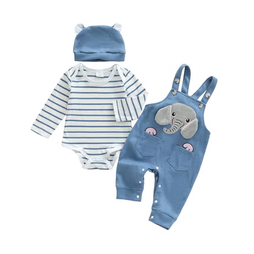 Nibbcoa Baby Boy Clothes Set Infant Striped Long Sleeve Bodysuit Top Animal Suspender Pants Hat Newborn 3Pcs Fall Outfit