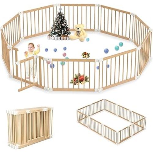 Wooden Baby Gate Playpen - Foldable Play Pen for Infants & Toddlers | Portable & Sturdy Wood Baby Gate with Lock | 4-8-10 Panels Expandable & Adjustable Play Yard for kids | 23.9 * 35.5IN (RXZ-WBP-10)