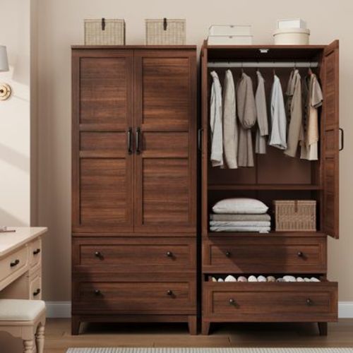 Armoire Wardrobe Closet with 2 Drawers,72" Wooden Tall Clothing Wardrobe Cabinet with Hanging Rod, Armoire with Doors, Adjustable Shelves, Walnut