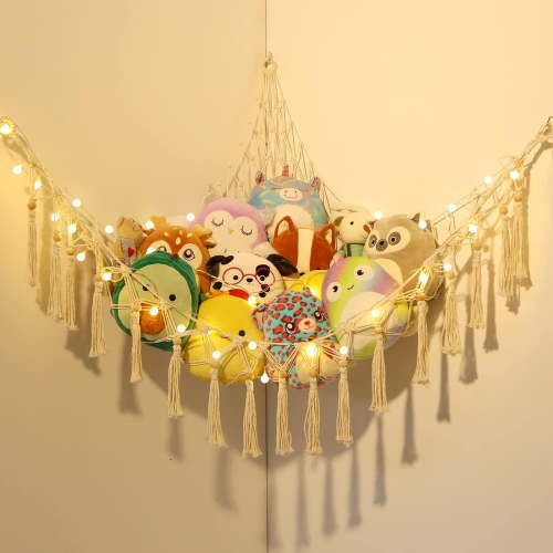LUCKDEER Stuffed Animal Hammock Macrame Boho Plush Toy Net Hammock for Stuffed Animals with Light Pet Net for Stuffed Animals Corner Hanging Stuffed Animal Storage Holder Teddy Bear Net Kids Room