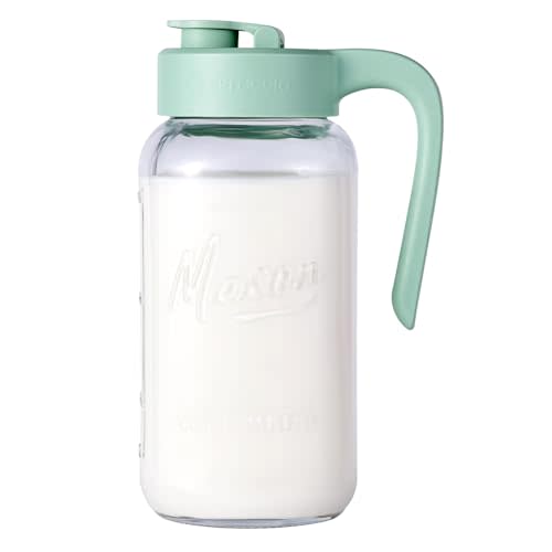 Mason Jar Pitcher - Airtight & Leakproof Glass Pitcher with Lid, Perfect for Breastmilk, Cold Brew, and Sun Tea, 2 Quart (64 oz) Mason Jar with Pour Spout Lid