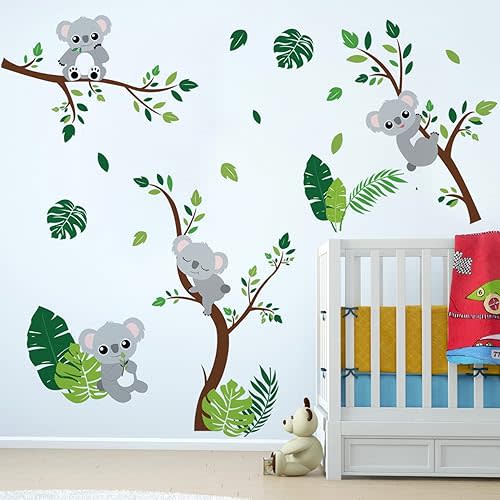Runtoo Koala Wall Decals Animal Palm Tree Leaves Wall Stickers for Girls Bedroom Kids Nursery Wall Decor