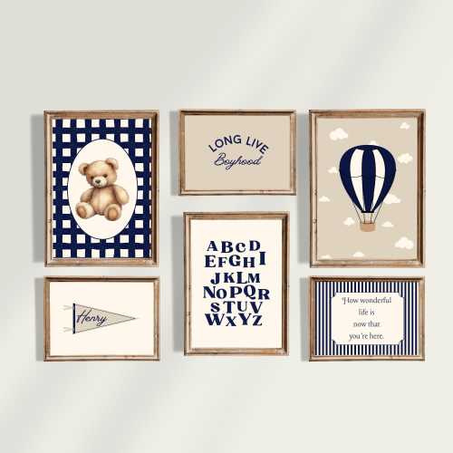Boy Bear Nursery Gallery Wall, Bear Themed Bedroom, Vintage Teddy Bear Nursery, Classic Nursery Wall Hot Air Balloon Nursery Wall Art