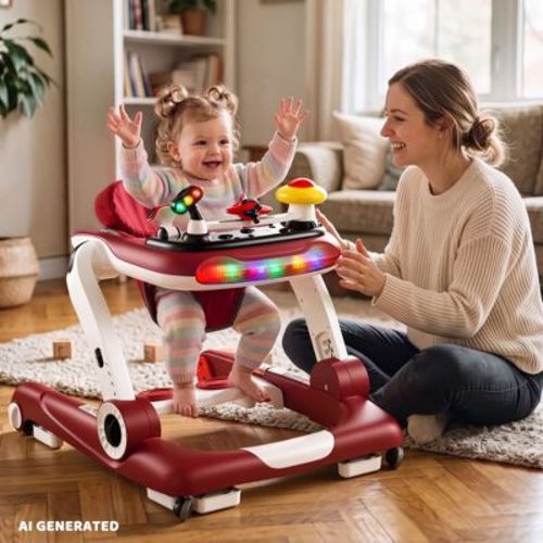 TODECARE 5-in-1 Baby Walker , Adjustable Height Activity Walker with Safety Bumper for Toddlers, Red