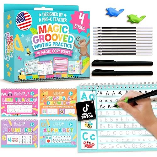 4 Grooved Writing Books for Kids 3-8 Large Reusable PreK Tracing Workbooks