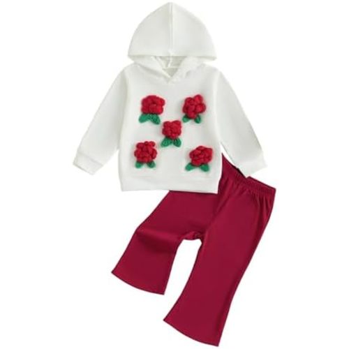 Springcmy Toddler Girl Fall Outfits Flower Long Sleeve Sweatshirt Hoodies+Elastic Waist Flare Long Pants 2Pcs Clothes Set