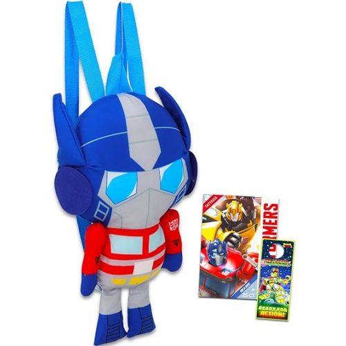 Transformers Optimus Prime Plushie Backpack Set - Bundle of 16" Plush Doll with Carrying Straps Plus Tattoos, More | Transformers Gifts for Kids