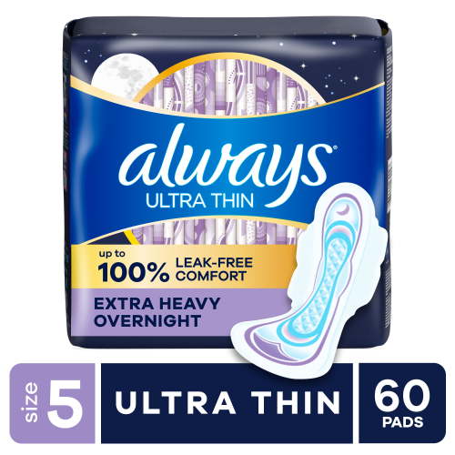 Always Ultra Thin Pads with Wings, Size 5, Extra Heavy Overnight Absorbency, 60 Count