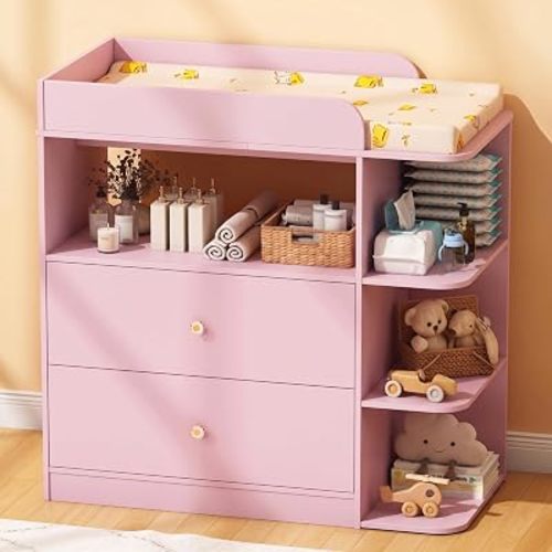 Wanan Changing Table Dresser with 2 Drawers for Nursery, Wood, Pink