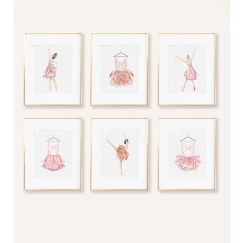 Ballet themed wall art set of 6, watercolor ballet dancer and dresses, watercolor ballet tutu wall prints, pink room decor wall art