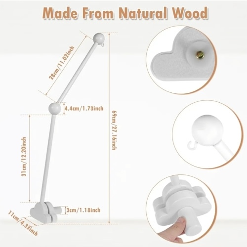 27inch Baby Crib Mobile Arm Wooden Crib Mobile Holder Adjustable Angle Height Cot Mobile Arm Non-Skid Crib Mobile Bed Bell Holder Nursery Mobile Hanger for Crib Nursery Decor(White) : Amazon.com.au: Baby