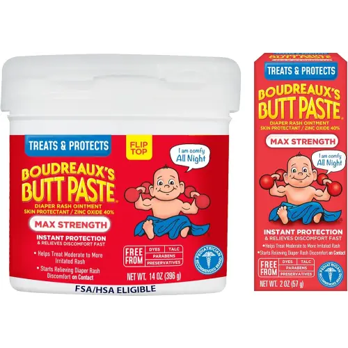 Boudreaux’s Butt Paste Max Strength Diaper Rash Cream for Baby, Ointment With Zinc Oxide, 2 oz Tube & 14 oz Jar