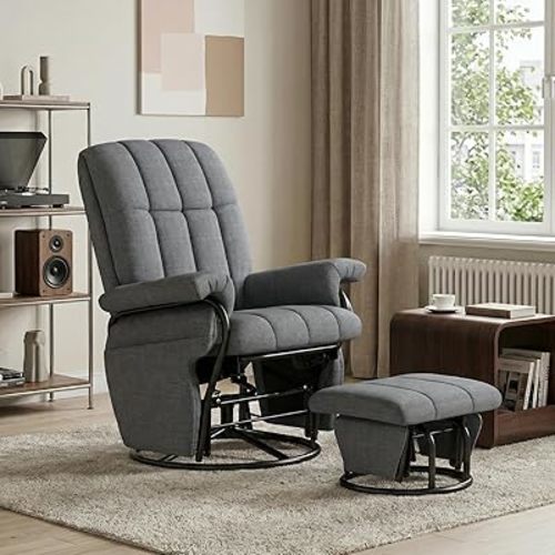 JIASTING 360° Swivel Recliner Chair with Ottoman & Double Side Pockets, Nursing Glider Rocking Recliner Chair, Gliding Chairs for Nursery, Living Room, Bedroom, Office (Gray)