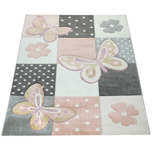 Kids Room Rug with Butterflies and pink Flowers in Pastel Colors