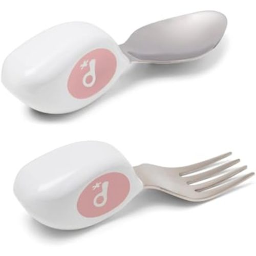 doddl Toddler Utensils, Ergonomic Fork and Spoon Set for Self Feeding, Stainless Steel Silverware for 1-3 Year Olds, BPA Free, Dishwasher Safe (Dusky Rose)