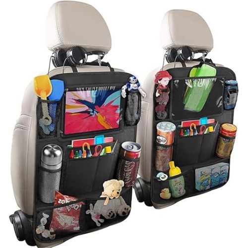 Car Backseat Organizer with 10" Tablet Holder, 2 Pack Seat Back Kick Protector for Kids Travel Essentials - Universal Fit for Cars, SUVs, and Trucks - Durable 600D Oxford Fabric