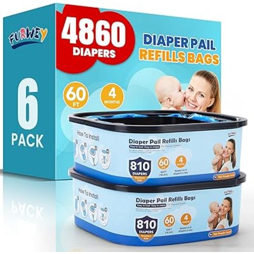 Diaper Pail Refill Bags,7-Layer Odor Prevention Technology,Thickened Design - Hold up to 810 Newborn-Sized Diaper Pail Bags- Pack of 6