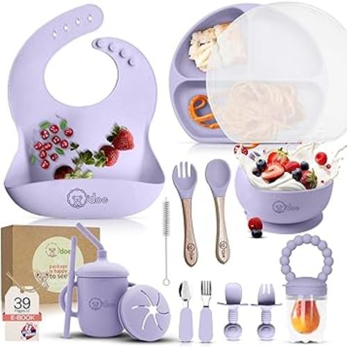 O'doe 17-Piece BPA-Free Silicone Baby Feeding Set | Thick & Soft Suction Plates, Baby Bowls, Wooden Fork & Spoon, and More | Make Mealtime Fun and Easy for Your Little One (Purple, V2)