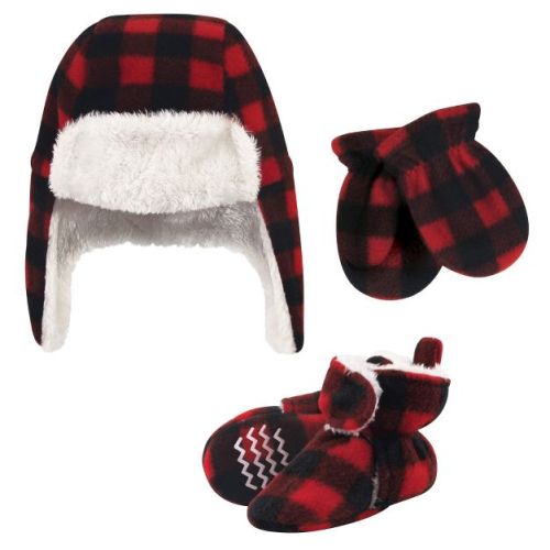 Hudson Baby Unisex Baby Trapper Hat, Mitten and Bootie Set, Black Red Plaid