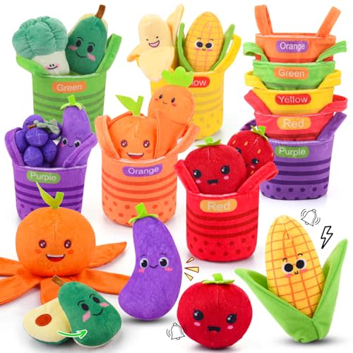 Baby Toys 6-12 Months, My First Fruits & Vegetables Sensory Toys with Rattle Crinkle Sounds Color Sorting Play 15 PCS, Montessori Toys for 1 Year Old, Toddler Stocking Stuffers Baby Boy Girl Gifts