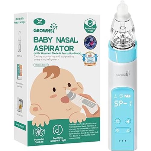 GROWNSY Nasal Aspirator for Baby with Protection Mode, Electric Nose Suction for Baby, Automatic Baby Nose Sucker with 3 Silicone Tips, Adjustable Suction Level, Music and Light Soothing Function