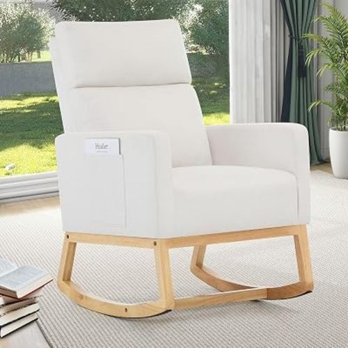 Zedachica Rocking Chair Nursery Glider Rocking Chair for Nursing, Upholstered Nursery Chair with Side Pocket and High Back, Rocking Accent Armchair Glider Rocker for Living Room Bedroom, Ivory