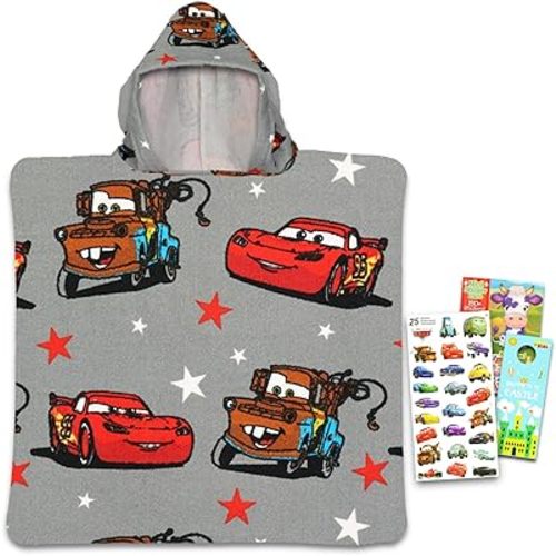 Disney Cars Hooded Towel Set for Kids, Girls, Boys - Lightning McQueen Bath Towel Poncho Bundle with Stickers, More | Disney Cars Bathroom Set