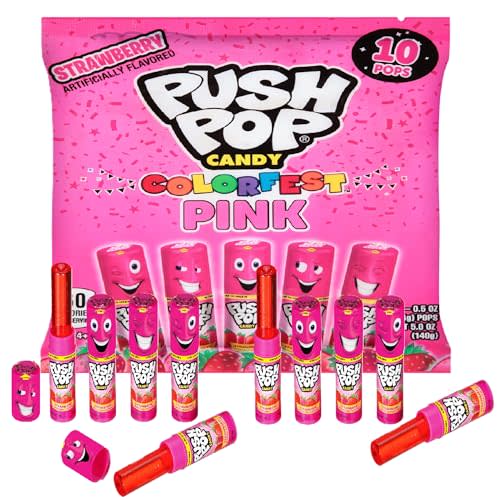 Push Pop Pink Candy Lollipops, 10 Ct Individually Wrapped Halloween Candy in Pink Strawberry Flavor, Full Size, Fun Lollipops For Party Favors, Birthday Parties, Goodie Bags, Fun Gifts