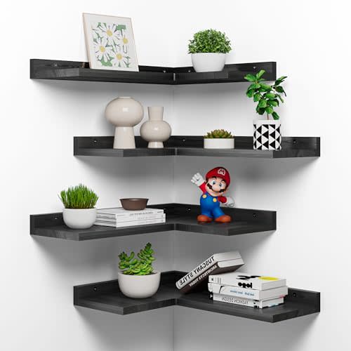4-Tier Corner Floating Shelves, Rustic Pine Corner Shelves Wall Mounted, L-Shaped Floating Corner Shelves for Wall Storage, Creative Corner Wall Shelves for Bedroom,Bathroom&Any Room-Black