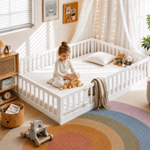 SalonMore Montessori Floor Bed Frame, Full Size Toddler Bed, Solid Pine Wood, White