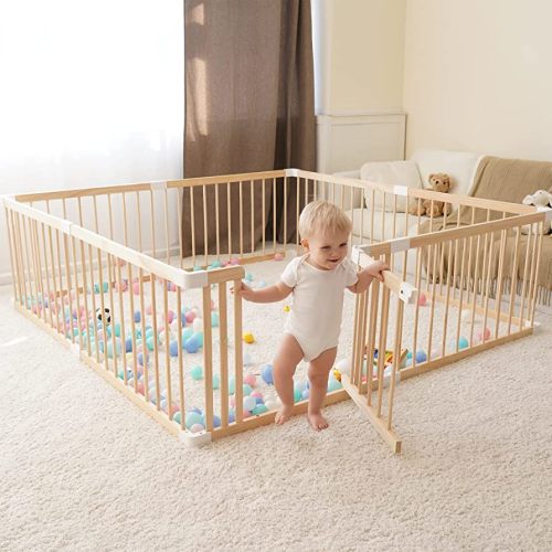 GGF Wooden Baby Playpen -79 * 59 * 24 in, Large Wood Gate Playpen for Babies and Toddlers, Baby Fence Play Yard with Door for Kids Activity Center