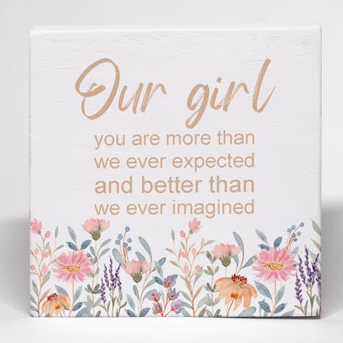 Yorhifa Baby Girl Nursery Decor Wood Box Sign, NurseryDecor for Girls, BabyGirls Room Decor, BabyShower Gifts for Girls, OurGirl You are More than We Ever Expected Wooden Box Block Sign for Girl RoomNursery ShelfDecor