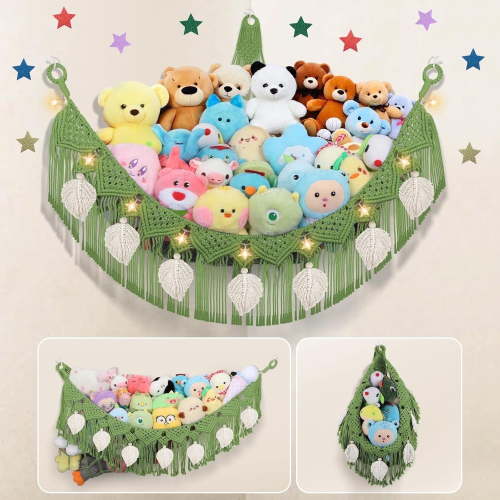 Stuffed Animal Hammock Corner, 56" Jumbo Large Ceiling Wall Hanging Storage Net, Macrame Plush Net Organizer for Kid Room Nursery Decor, Purple Teddy Plush Display Net w/LED Star Light for Girl Boy