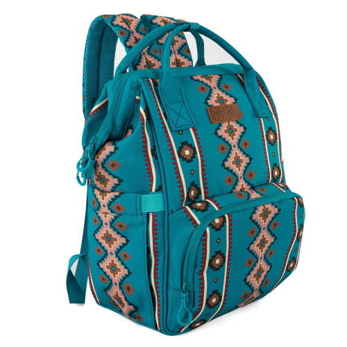 Wrangler Aztec Travel Backpack Baby Bag for Women with Stroller Strap and Side Bottle Pockets Organized Diaper Bag, Turquoise