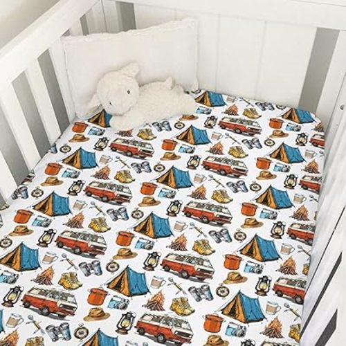 Vintage Camping Hiking Baby Crib Sheet 52''x28'' Outdoor Camp Snug Fitted Crib Mattress Cover for Boy Girl Campfire Soft Nursery Baby Bed Sheet for Standard Crib and Toddler Mattresses