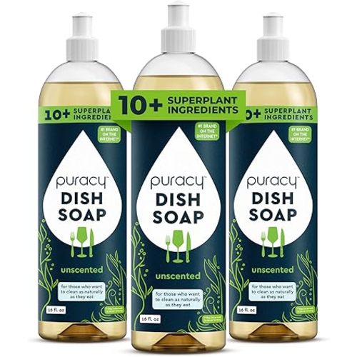 Puracy Natural Dish Soap Packs- Unscented Skin-Softening Plant-Based Dishwashing Soap, Non-Toxic Dish Soap, Fragance Free Organic Liquid Dishwashing Detergent Soap (Unscented, 16 fl oz, 3 Pack)