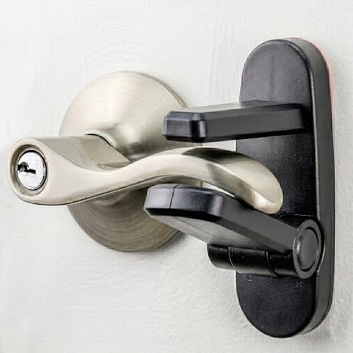 Door Lever Lock (4 Pack) Prevents Toddlers from Opening Doors. 3.25" L * 1.5" W * 4.5" H Easy One Hand Operation for Adults. Durable ABS with 3M Adhesive Backing. Simple Install (Black)