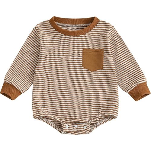 3-6 M, Gobuuly Baby Sweatshirt Romper Boy Girl Waffle Knit Long Sleeve Striped Romper Oversized Sweater Newborn Fall Winter Clothes
