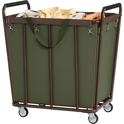 Hoctieon Large Laundry Cart with Wheels, 400L Heavy Duty Laundry Basket Organizer, Rolling Hamper Sorter for Clothes Storage, Industrial Dirty Clothes Hamper for Home & Hotel, Green+Brown