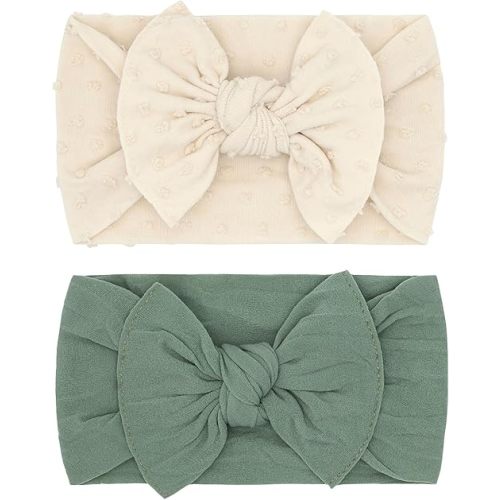 Baby Bling Bows Newborn to Little Girls Hair Bow - Girls Classic Knot Headbands Toddlers Hair Accessories, Made in the USA, One Size (2 Pack - Oat oat dot & Sage)